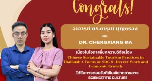 ขอแสดงความยินดีแด่ อาจารย์ ดร.ดารุณี บุญครอง และ Dr. Chengxiang Ma ในโอกาสที่บทความวิจัยได้รับการตอบรับตีพิมพ์ในวารสาร Sciencetific Culture (Scopus Q1 Percentile 98)